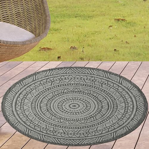CARPETIA Balkonteppich Wintergarten Terrassenteppich Camping Outdoorbereich mit angesagtem Ethno-Design in Grau und Beige, 120 cm Rund