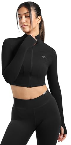 SMILODOX Crop Jacke Damen Brianna, taillierte Sportjacke mit Stehkragen, Laufjacke mit Daumenlöchern & Reißverschlusstaschen, Sport Oberteil, Fitness Oberteil ideal für Training, Yoga & Pilates