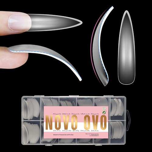 NOVO OVO XXL Curved Almond Stiletto Nail Tips Press on Full Cover, Soft Gel X Extra Thick Long XL Acrylic Hawk Curve Fake Nails Extension Kit, Clear Pre-etched Soft French False Nail 12 Sizes 240 Pcs