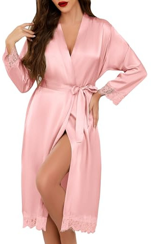 Lovasy Peignoir Satin Femme Mariage en Dentelle Robe de Chambre Soie Longue Kimono Bride Sexy Léger Col V avec Ceinture Vêtement de Nuit Demoiselle d'Honneur,A-Rose,XL