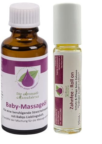 Die Aromaölmanufaktur Zahnfee Roll on 10ml & Baby Massageöl 30ml, Aromaöl Doppelpack mit wohltuendem Zahnungsöl & Babyöl, 100% natürliche ätherische Öle