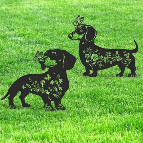Metall-Gartenstecker mit Schmetterling, Motiv: Dackel, 2 Stück, Hunde-Silhouette, Hofdekoration