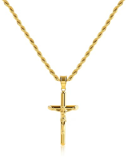 Cross Necklace Stainless Steel Gold/Silver Crucifix Necklace for Men Women | Gold Cross Necklaces Stainless Steel Jesus Crucifix Silver Necklaces Prayer Pendant Chain for Women Men Jewelry Easter Gift