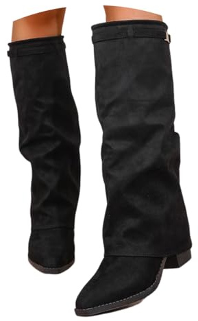 ticticlily Bottes Hautes Femme Talon Botte Longue Hiver Bottines Bout Pointu Fold Over Boots B Noir 42 EU