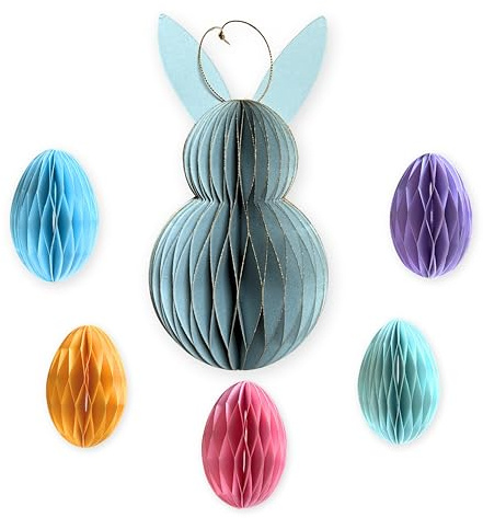 LowCarbonLife 6-teiliges Osterdeko Set – Wabenpapier Osterhase Taubenblau (20cm) & 5 Ostereier zum Aufhängen (7 cm) – Frühlingsdeko Innen, Osterdeko Modern, Tischdeko & Fensterdeko Frühling