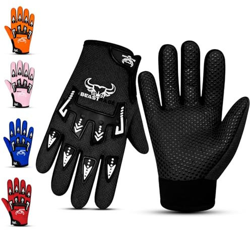 BEAST RAGE Gants de vélo pour Enfants–Gants de Motocross et de BMX pour garçons et Filles,Prise en Main antidérapante,Gants légers et Respirants pour Le Motocross (Noir, Grand [8 à 10 Ans])