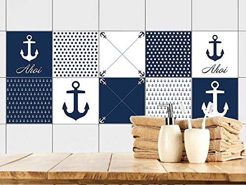GRAZDesign Fliesenaufkleber Bad Anker maritim Blau Rot Weiß, Fliesensticker Fliesen zum Aufkleben Klebefliesen für Badfliesen - Set 20 Stück
