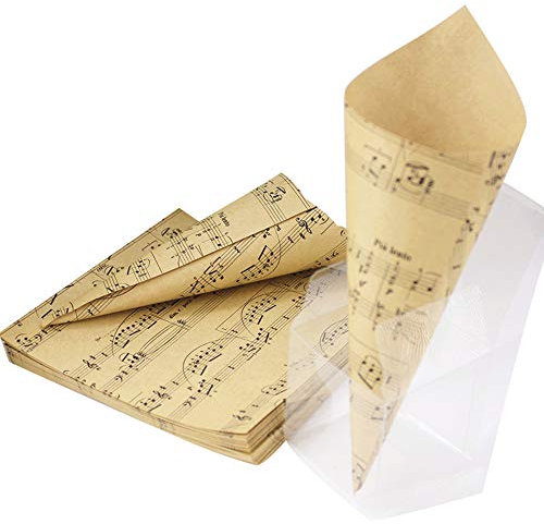 50pz Cono Coni Festa Matrimonio Porta Petali Confetti Tema Musica Materiale Fai Da Te Cartoncino Kraft Spartiti musicali, Biadesivo