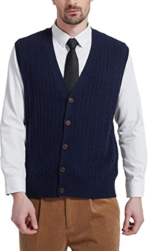 Kallspin Maglione Cardigan da Uomo con Scollo a V e Lavorazione a Cavo con Bottoni in Misto Lana（Blu Navy，XL）