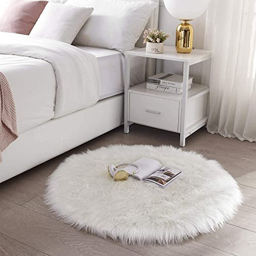 HLZDH Oveja de Piel sintética Felpudo Alfombra Antideslizante Lujosa Suave Lana Artificial Alfombra para salón Dormitorio baño sofá Silla cojín (Ronda Blanco, 60 X 60 CM)