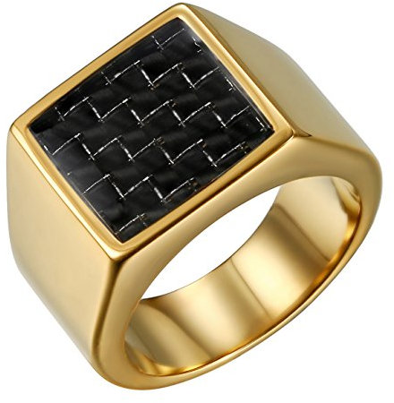 JewelryWe Kariert Ring Siegelring Herren: Gold Edelstahl Herren-Ring Plaid Quadrat Fingerringe mit Kohlenstoff Faser Kohlefaser 14,5mm Breit Poliert Ring Band Männer Motorradfahrer Schmuck Größe 54