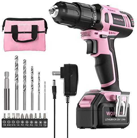 WORKPRO Pink Cordless 20V Lithium-ion Drill Driver Set (1.5Ah), 1 Battery, Charger and Storage Bag Included