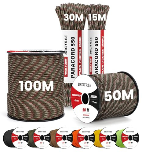 Brotree 4mm Paracorde 550 7 Brins Corde en Nylon 30M Type III Corde Parachute pour Survie, Extérieur, Bricolage - 250kg Charge de Rupture (Forêt Camo)