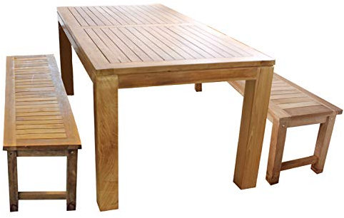 Mojawo 3-teilige Luxus Massiv Teakholz Garnitur Teak Esstisch Indoor und Outdoor 180x90x75cm + 2 Teakholz Bänke