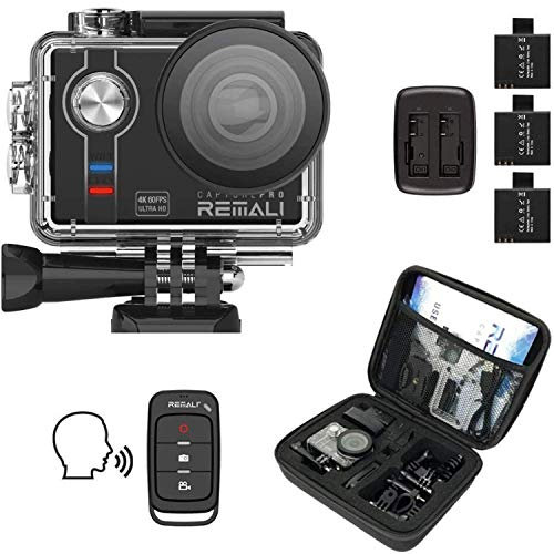REMALI CapturePro 4K/60fps 20MP Kit de cámara de acción deportiva impermeable con funda de transporte + 3 baterías, WiFi, pantalla táctil de 2 pulgadas, zoom 8X, movimiento lento/rápido, control