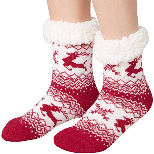 dressforfun 900850 Unisex Weihnachts Kuschelsocken mit Rentiermotiv, dick gefüttert & Plüschrand, rot weiß - diverse Größen - (39-42 | Nr. 303480)