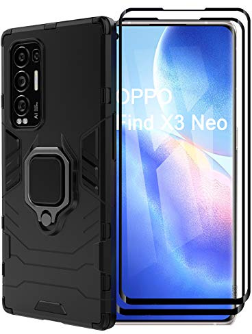 ESTH® Custodia per Oppo Find X3 Neo con 2 Pezzi Pellicola Protettiva, 360° Rotante Staffa [Compatibile con Supporto Magnetico per Auto], Cover Paraurti PC+TPU, Nero