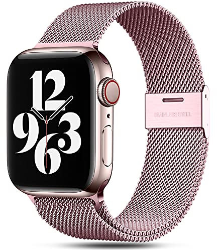 Oielai Metal Strap Compatible With Apple Watch Strap 45mm 44mm 42mm 49mm, Stainless Steel Mesh Wristband with Adjustable Buckle for iWatch Strap Series 8/7/6/SE/5/4/3/2/1, 42mm/44mm/45mm, Rose Gold