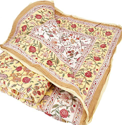 GURU SHOP Quilt, Steppdecke, Tagesdecke Bettüberwurf, Besticktes Tuch, Indischer Bettüberwurf, Tagesdecke - Muster 4, Gelb, Baumwolle, 220x270x0,5 cm, Steppdecken & Quilts