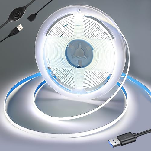 RYE USB Power 0.5m 5V COB LED Strip Light Kit,Cool White 6000K,320LEDs/M,CRI80+,Flexible Rope/Tape Light for TV Monitor Backlight,Mirror,Cabinet,Wardrobe,Cupboard DIY Lighting,with Dimmer.