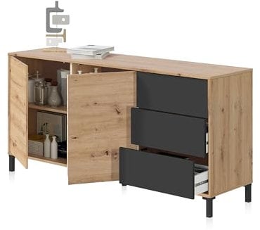 Habitdesign, Aparador 2 Puertas y 3 Cajones, Buffet para Salon, Modelo Brooklyn, Acabado en Color Roble Nodi y Gris Antracita, Medidas: 154 cm (Ancho) x 74 cm (Alto) x 41 cm (Fondo)