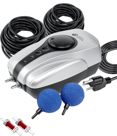 AquaMiracle Kit d'aération de bassin – Kit de pompe à air pour bassin Koi jusqu'à 1000 gallons de dégivrage de bassin Système d'aération tout-en-un avec tube d'air à double sortie, clapets anti-retour