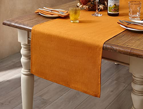 DAPU Tischläufer Leinen, 40x180cm Abwaschbare Tisch Läufer aus 100% Französisches Naturleinen, Moderne Einfarbige Tischdecke Leinenoptik für Essentisch Hochzeit Party, Orange