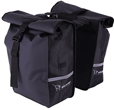 Ekostar Doppelte Fahrradtasche - Gepäckträgertasche - mit Roll-Top - Schwarz - 46 Liter - Reflektoren - Einfache Montage - E-Bike