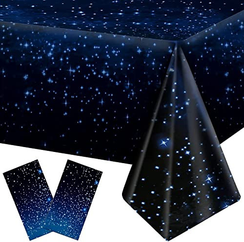 Xinfin 2 Pack Weltraum Tischdecke Blau, 137x274 cm Galaxy Wasserdicht Tischdecken für Weltraum Themenparty Kindergeburtstag, Hochzeit, Weltall Deko (Sternenhimmel, 2PCS)