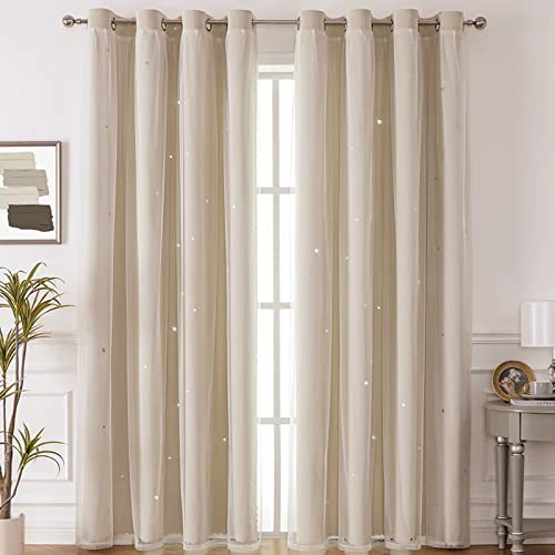 Nyescasa Verdunklungs Vorhänge Kinderzimmer Vorhang Doppellagige Gardienen mit Höhlen Sterne mit Voile Ösenschal für Wohnzimmer Schlafzimmer Mädchen Dekoschal 2er Set 160x132cm(H×B) Beige