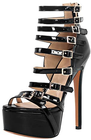 Only maker Damen Riemchenpumps Plateau Stiletto High Heels Sandaletten Lack Schwarz 38 EU