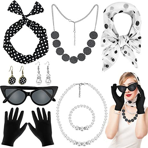 Hysagtek Rockabilly Accessoires Damen, 50er Jahre Accessoires Damen 9 Stück, Vintage Kostüm Zubehör mit Chiffon Schal, Handschuhe, Sonnenbrille, Ohrringe, für Karneval Party Retro Teily Party