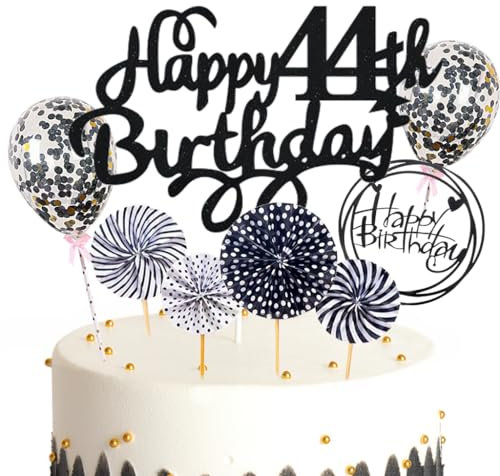 Feelairy Tortendeko Happy Birthday Deko Kuchendeko 44. Geburtstag Mann Frau, Schwarz Kuchen Topper 44. Geburtstag, Cake Topper Happy Birthday Ballon für Geburtstagstorte Deko 44 Jahre Frauen Männer
