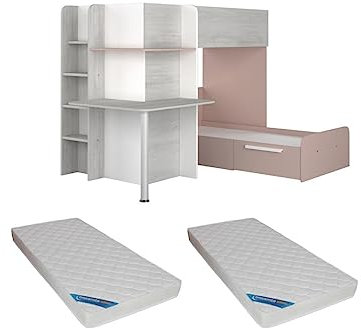 Vente-unique-Eck-Hochbett - 2 x 90 x 190 cm - Mit Schreibtisch - Grau, weiß & rosa + Matratze - Samuel