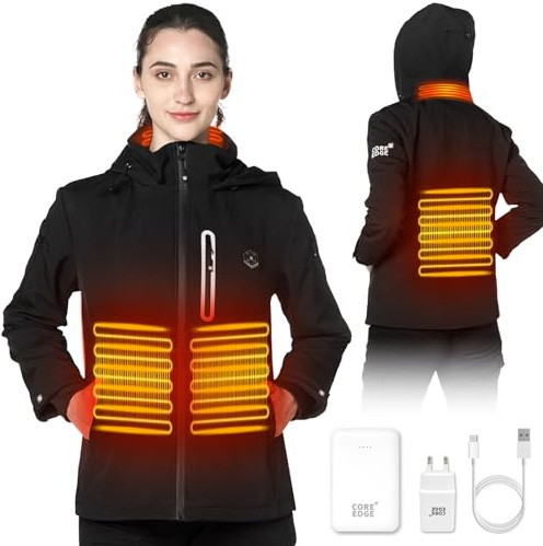 CORE EDGE Beheizbare Jacke Damen mit Powerbank, Wasserdicht Winddicht Warm Beheizte Jacke Hoodie, Heizjacke für Outdoor Wandern Jagd Motorrad Camping