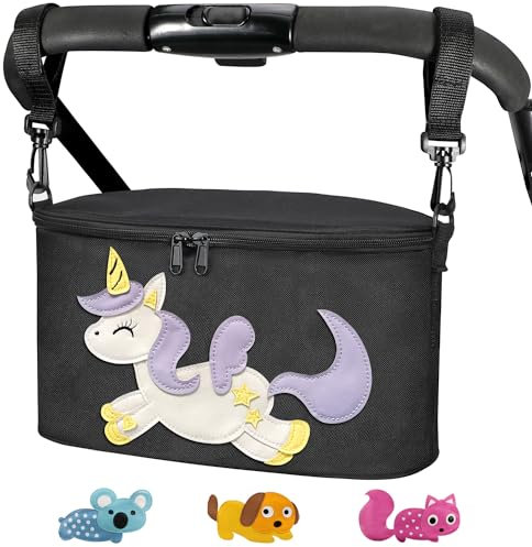 Bello it Borsa per Passeggino o Carrozzina, Borsa porta oggetti universale， Design animali colorati, Leggera e Capiente con ganci e tracolla inclusi Tema: (Unicorno) colore : Nero