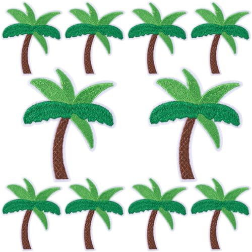 PAGOW 10 Pcs Green Coconut Palm Tree Iron on Patches, Sew On Embroidered Applique Sewing Patches for Hats, Bags, Jackets, Jeans, Clothes, Art and Craft Decoration