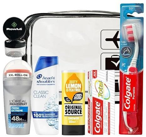 Men's essential travel toiletries kit, including clear travel bag, shampoo, roll on XXL deodorant, shower gel, tooth paste, a portable travel toothbrush with built in case and 2 small empty pots