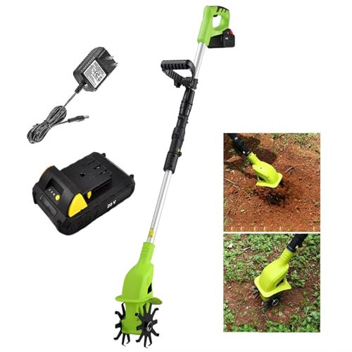SUZLAZYR Motozappa da Giardino a Batteria - Motozappe 20V per Giardino, Coltivatori Elettrici per Giardinaggio, profondità di Lavorazione di 10 Pollici, Batteria Ricaricabile, Verde