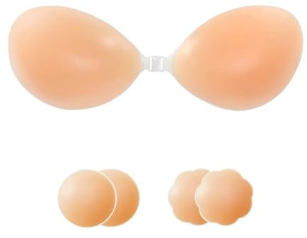 Klebe BH Push Up Trägerloser– Selbstklebender Rückenfreier BH für Frauen, mit Brustwarzenabdeckung Wiederverwendbarer Silikon-Stick on BH für A/B/C/D-Cup-BHS (Beige, B)