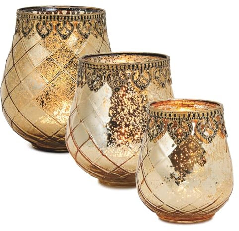 Vintage Kerzengläser 3er Set gold in 10, 14, 18 cm - Moderne Windlicht-Gläser als Kerzenständer Laterne Teelichthalter - Kerzenhalter Teelichtglas als Hochzeit Tisch-Deko Balkon Garten Deko