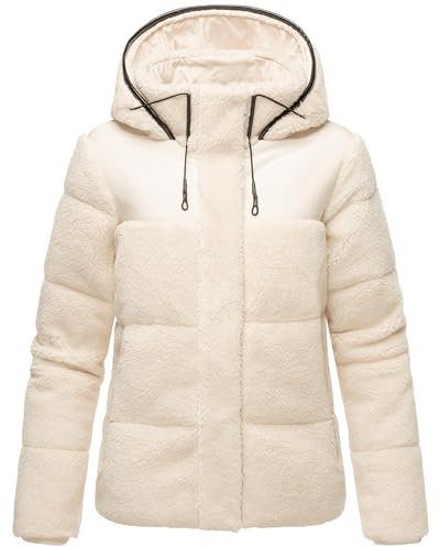 MARIKOO Damen Teddyfleece-Jacke warme Gesteppte Plüschjacke in angesagtem Materialmix mit Kapuze Kaguraa 16 Off White Gr. XXL