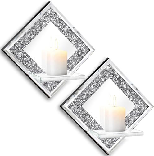 ZOLAPI Kristall-Crush-Diamant-Kerzenhalter im 2er-Set, Diamant, Silber, verspiegelte Kerzenleuchter, Wanddekorationen für Wohnzimmer, Esszimmer und Schlafzimmer