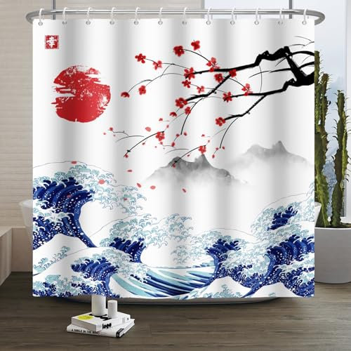 Xiaoterna Rideau de Douche Peinture Japonaise Traditionnelle Kanagawa 180x180cm Rouge Soleil Paysage de Montagne Japonais Étanche et Lavable en Polyester 100%