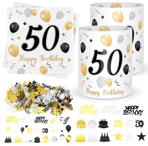 Premium 20 Servietten + 3 Windlichter & 500teilige Konfetti-Schwarzes Gold Kollektion - Tischdeko für 50. Geburtstag