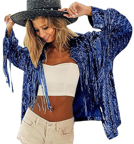 Darringls Damen Glitzer Pailletten Jacke Hiphop Langarm Lametta Fransenjacke Bomberjacke Reißverschluss Fliegenjacke Bikerjacke Outwear 60Er 70Er Jahre Oberbekleidung Hippie Kostüm