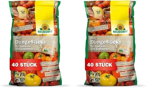 Neudorff Azet DüngeSticks für Tomaten und Erdbeeren – Bio Düngestäbchen für viele leckere Tomaten und Erdbeeren mit 2 Monaten Langzeitwirkung, 40 Stück (Packung mit 2)