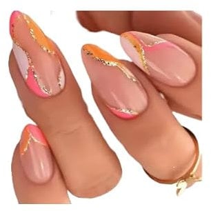 Elegant 24 Pieces Almond Press On Nails, Medium Orange Pink Nails
