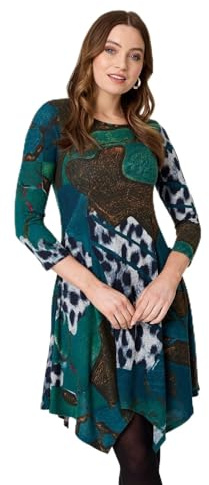 Izabel London Hanky Hem Swing Dress with Round Neck 3/4 Sleeves and Knee Length Skirt.