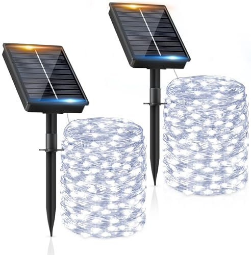 Guirlande Solaire Exterieur 2 x 16M 160LED Guirlande Lumineuse Exterieure Solaire Étanche Blanc Froid 8 Modes Lumière Solaire Décoration pour Jardin Terrasse Maison Fête Noël Mariage